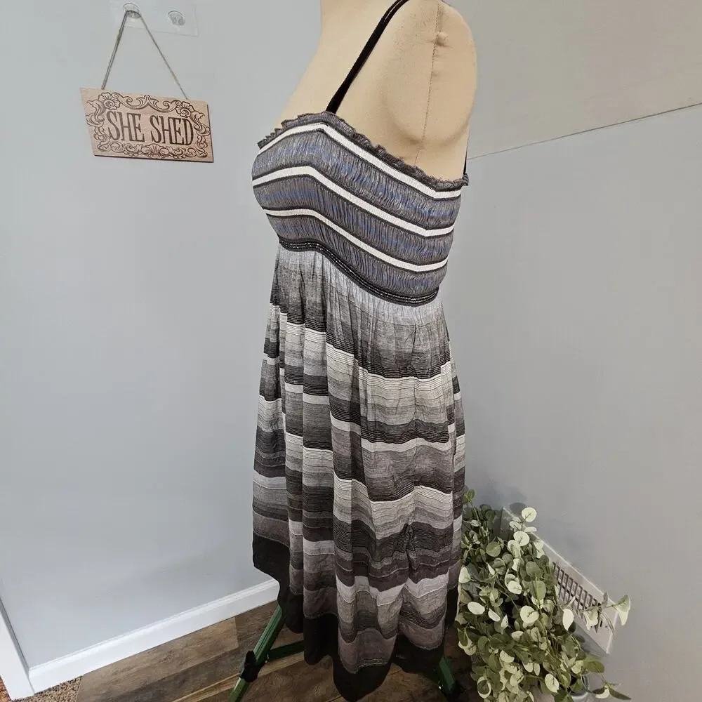 Max Studio Dress Womens Small Striped Boho Smocked Midi Black Gray Beach Coastal